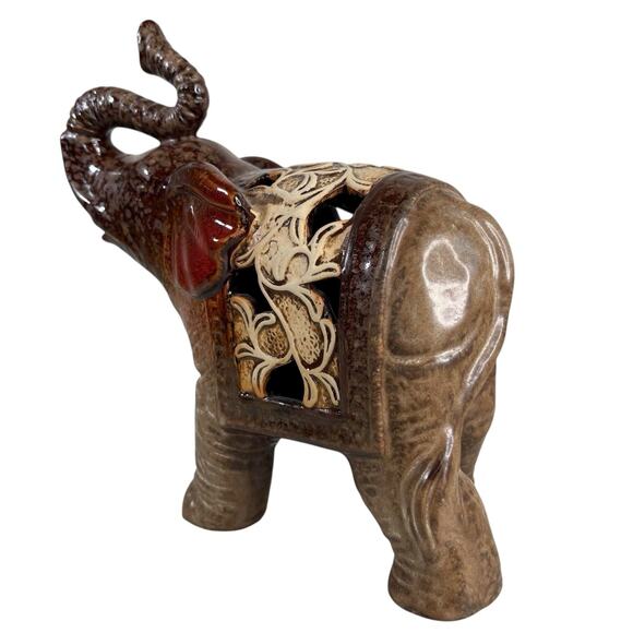 Vintage Ceramic Elephant Figurine Brown Red Glazed Filigree Cutout 7” Trunk Up - Picture 3 of 12